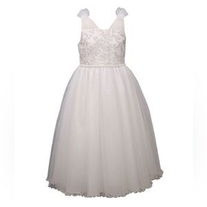 Big Girls White Dress with Mesh Skirt and Jeweled Waist Trim